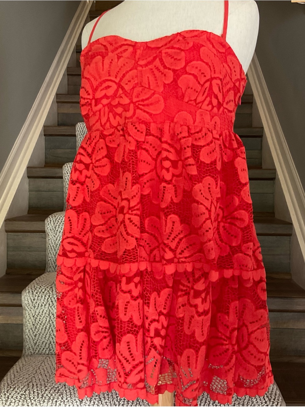 Anthropologie Maeve Red Floral Lace Strapless Dress
